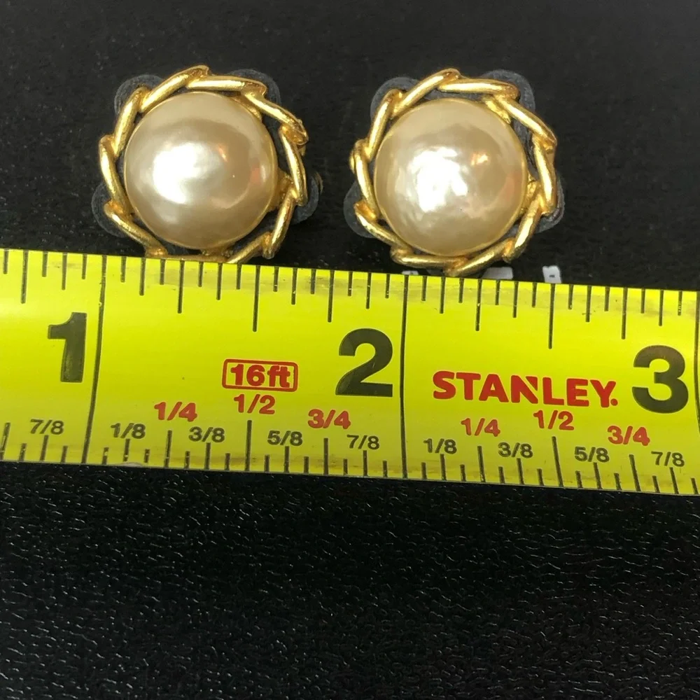 CHANEL Gold and Black Leather Wrapped Pearl Statement Earrings w/ Box